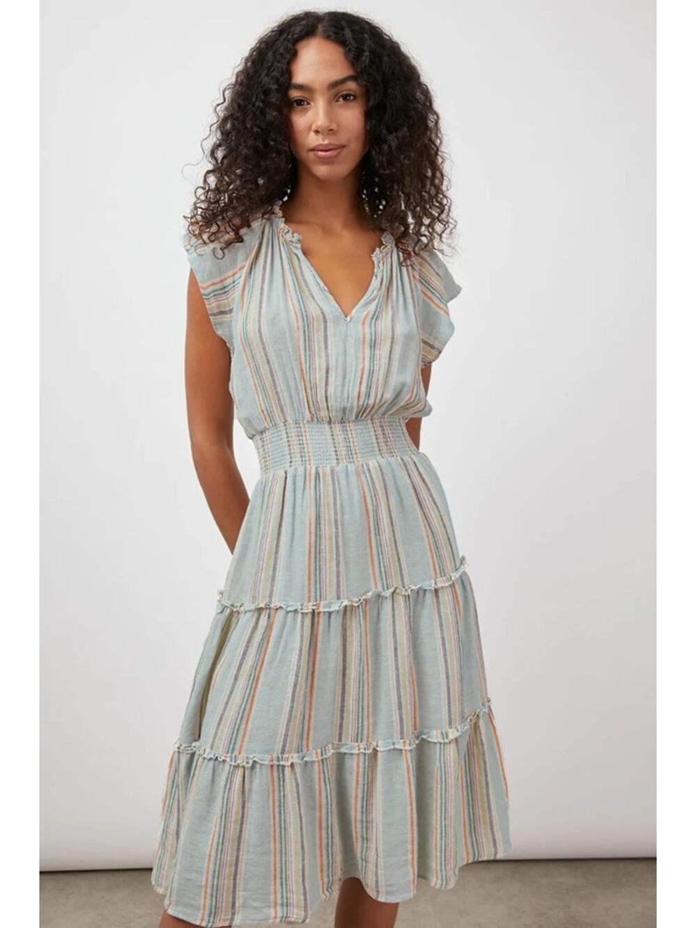 Rails Amellia Rainbow Stripe Tiered Linen Blend Midi Dress Size XS Boho Resort